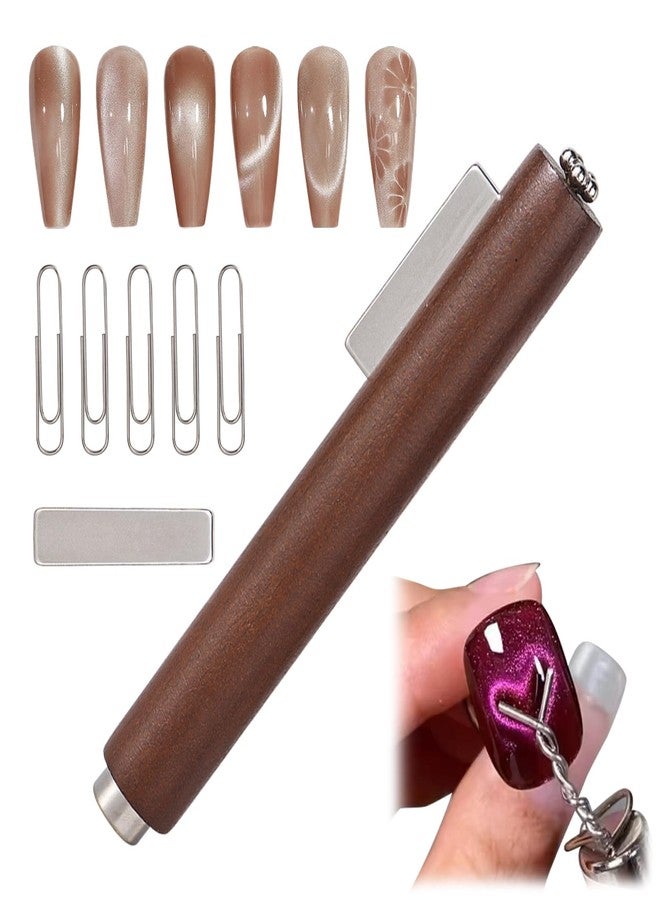 ESUOHYM 3 In 1 Nail Magnet For Cat Eye Gel Polish With Extra 1 PCS Square Magnet, 5 PCS Paper Clips For Heart Flower And Black Hole Nail Art DIY Tools Design Walnut - Image 1